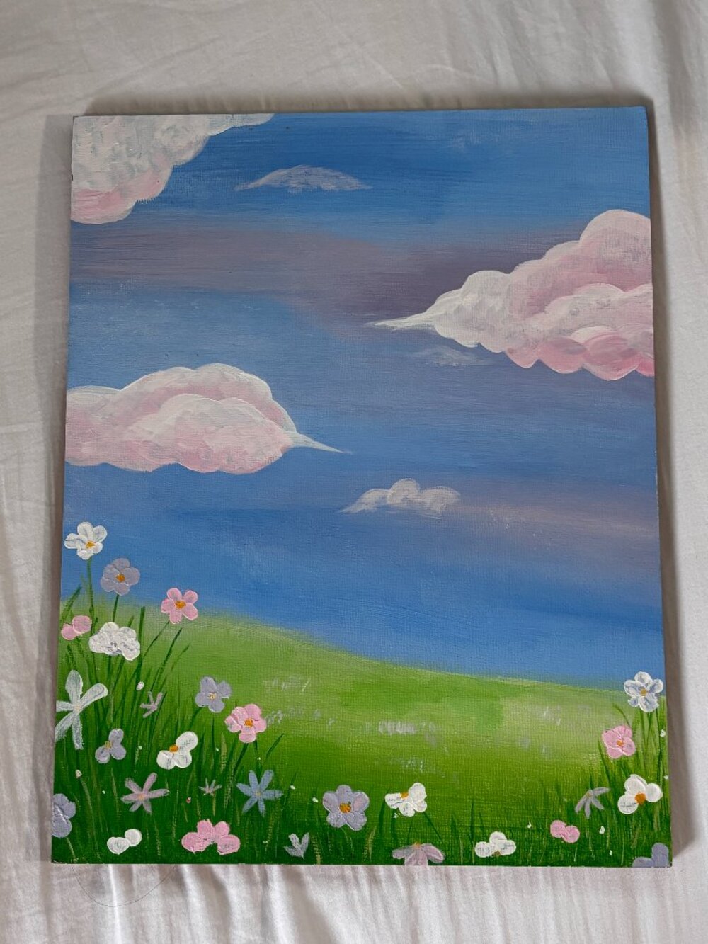 Handmade Pastel Landscape Canvas Painting Pink Clouds & Wildflowers